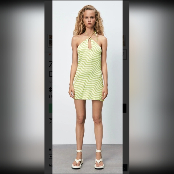 Zara Green and‎ White Swirl Satin Halter Dress Size Large - Picture 7 of 12